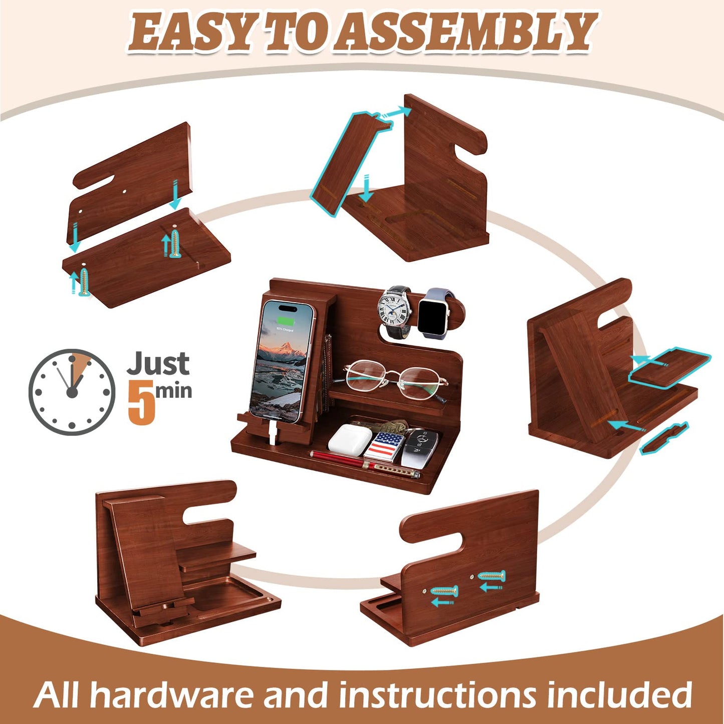 Wood Phone Docking Station - Nightstand Organizer for Cell Phone, Watch, Wallet - Birthday Gift for Dad or Husband