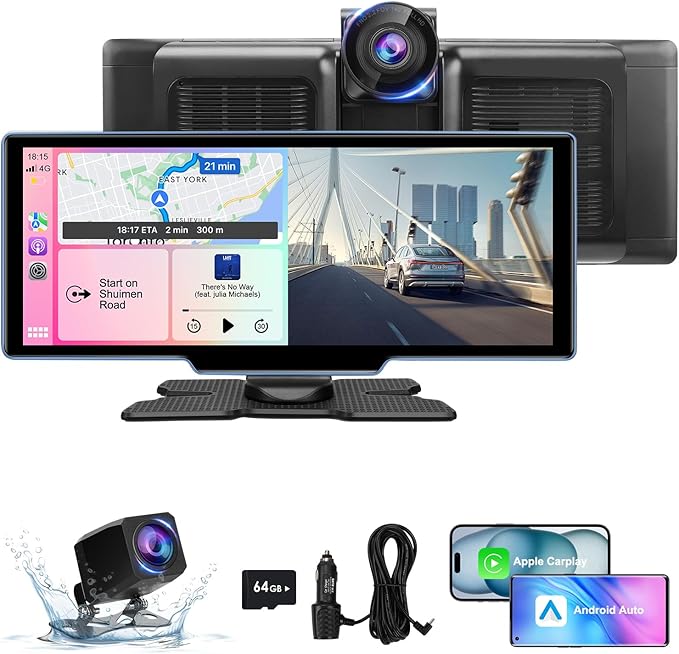 Wireless Carplay Screen for Car 1080p Backup Camera, 10.26" Portable Car Play & Android Auto Touch Screen with 4K Dash Ca...