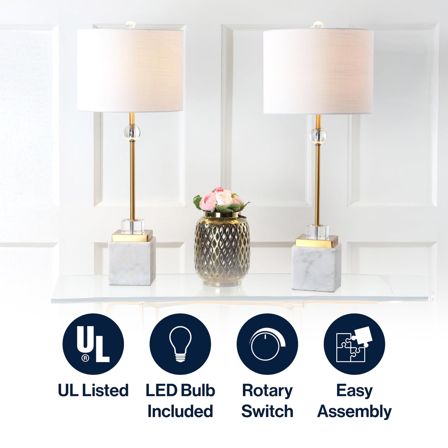 JONATHAN Y 30" White Marble and Brass Gold LED Table Lamp Set of 2, Modern Glam Crystal Pedestal Lamps for Living Room Bedroom, White Linen Shade, LED Bulbs Included JYL5008A-SET2