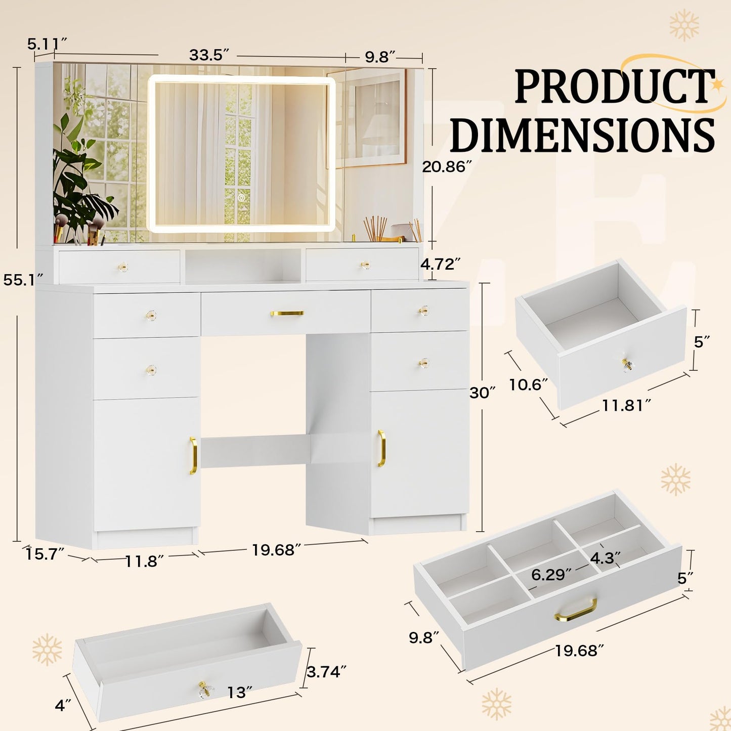 COMHOMA Vanity Desk with 3 Way Mirror and Lights, Large Makeup Vanity Table Set with Charging Station, 3 Lighting Modes & 360° View Mirror, 7 Drawers Dressing Table for Women Girls Bedroom, White