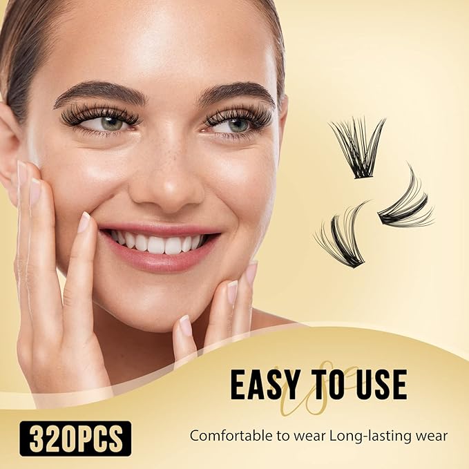 QUEWEL Lash Clusters 320Pcs Cluster Lashes 40D C Curl Lash Cluster Eyelash Extensions Mix9-16mm Individual Eyelashes Clusters Wispy Lash Clusters Thin Band Soft to Use at Home(40D C Mix9-16)