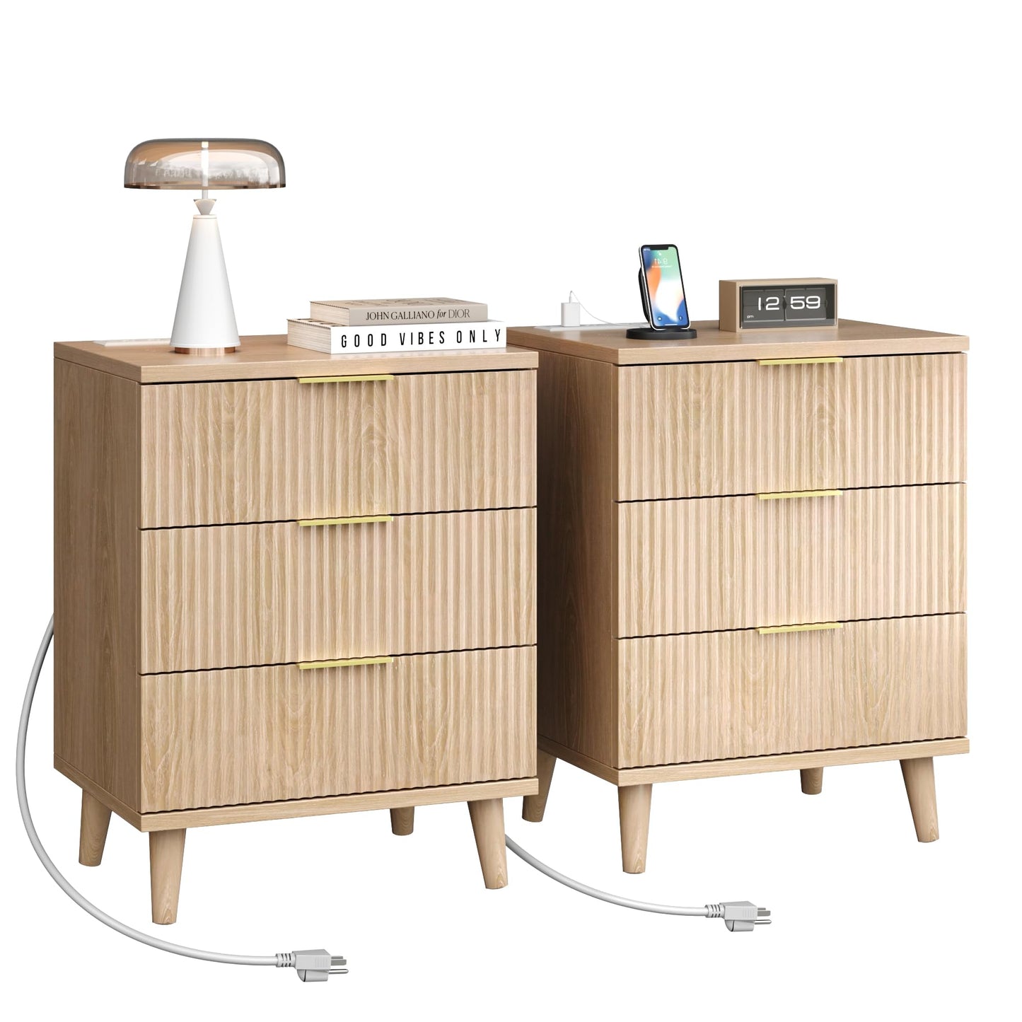 QIPAKA Fluted Night Stand Set of 2 with USB Charging Station, 3-Drawer Dresser Wood Modern Night Stand Bedside Table with Quiet Drawers & Large Storage End Table for Bedroom