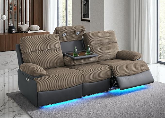 Toseslo Fabric Recliner Sofa, Living Room Furniture Sets, Reclining 3 Seats Sofa with Drop-Down Table, Power Recliner Couches with Cup Holders/Storage Console for House, Brown Grey