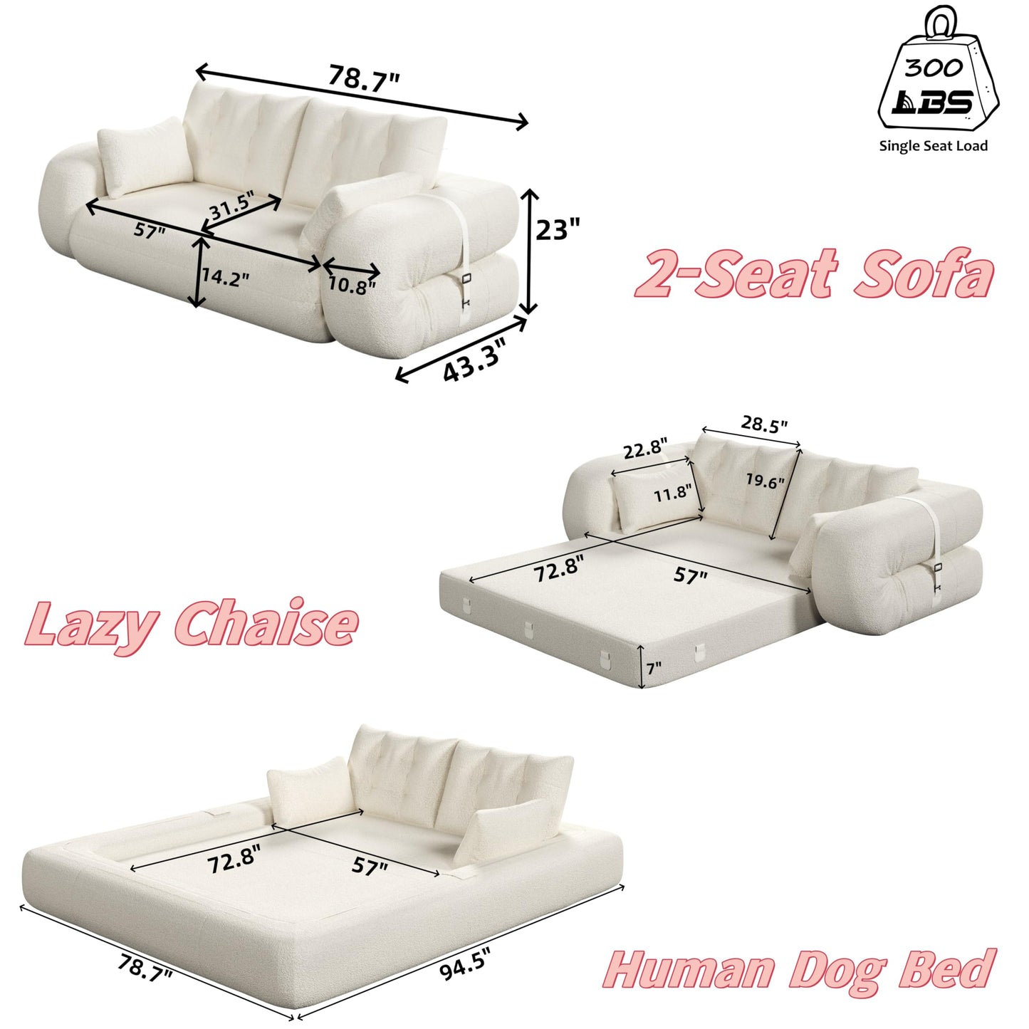 Ball & Cast Multi-Functional Foldable Sofa Bed with High-Density Foam,Teddy Fabric Upholstered Couch W/4 Pillows,Convertible Sleeper Sofas Bed,Living Room Furniture for Bedroom,Apartment,Beige,79"