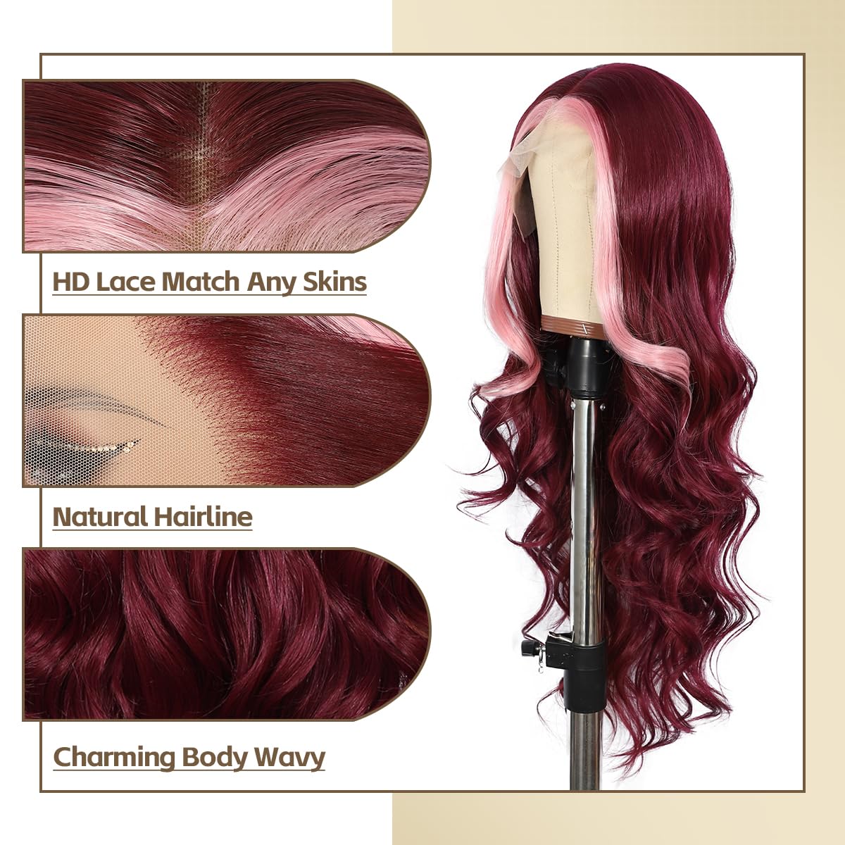 BABEHERS Burgundy Lace Front Wig for Women Skunk Stripe 13x4 Body Wave Synthetic Wigs Highlight Pre-plucked Long Wavy 150% Densi