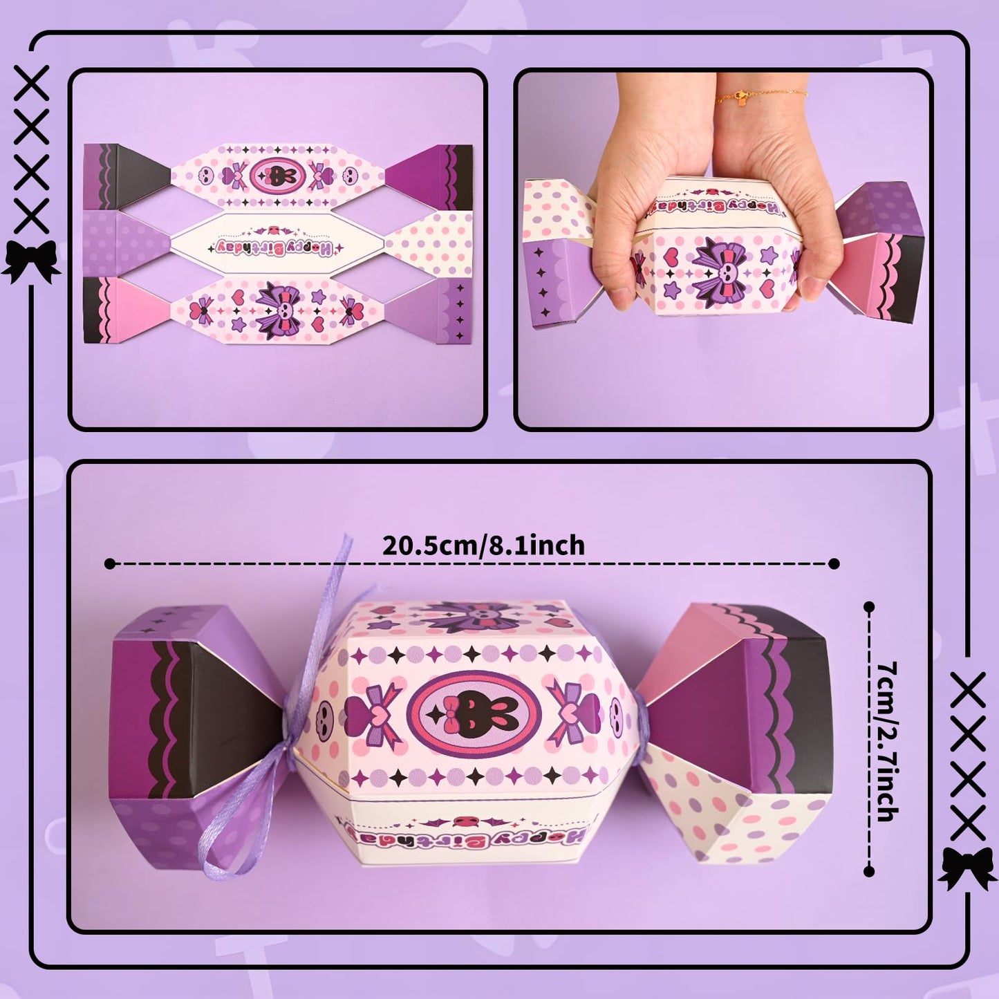 Bupelo Gothic Kawaii Birthday Decorations, 12Pcs Cartoon Party Candy Bags Treat Bags - Cute Skull & Bow Design, Light Purple Paper Party Favor Gift Decors for Girls Kids Birthday, Halloween (8.1x2.7 Inch)