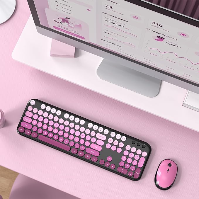 Wireless Keyboard and Mouse Combo, MOWUX Colorful Computer Full Size 2.4G Plug and Play Wireless Typewriter Keyboard and Mouse Set for Computer, Desktop, PC (Black Pink Gradient)