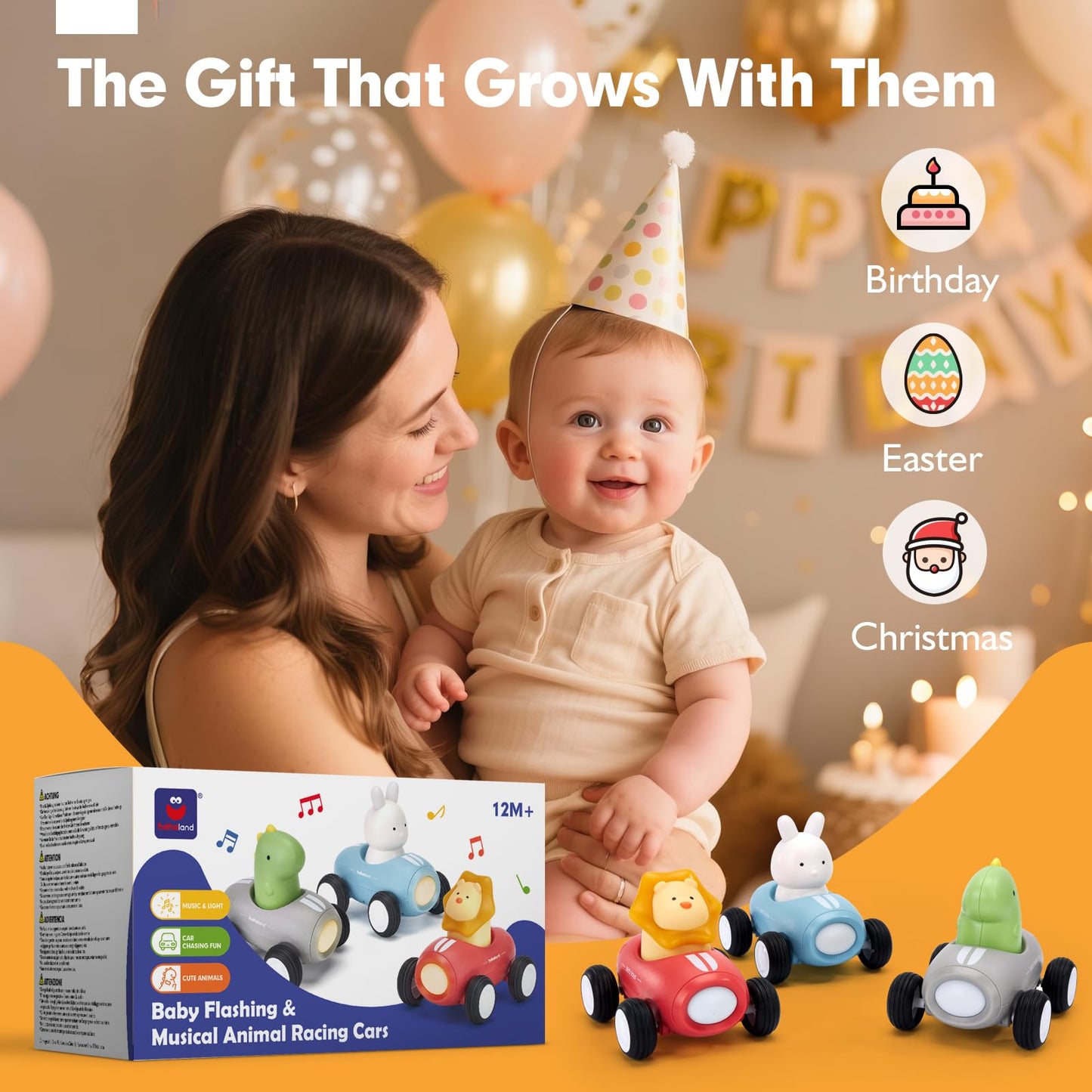 hahaland Push and Go Car Toys for Toddlers 1-3 Musical Light up Toys for 1 Year Old Boy Gifts, Push Car Crawling Baby Toys 12-18 Months One Year Old Birthday Christmas Baby Gifts for Boy Girls, 3 PCS