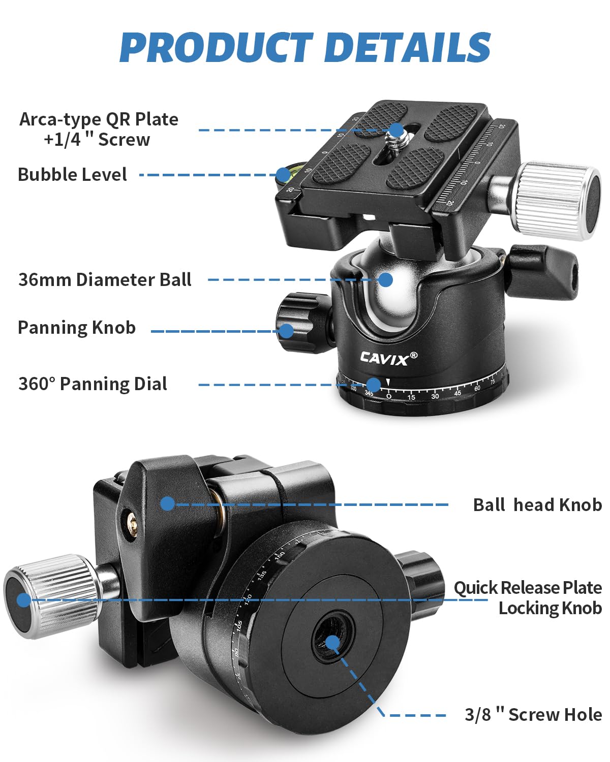 Ball Head Mount, Cavix 36Mm Ball Head Camera Tripod Head With 1/4 Arca Swiss Quick Release Plate For Tripod, Monopod, Dslr, Came