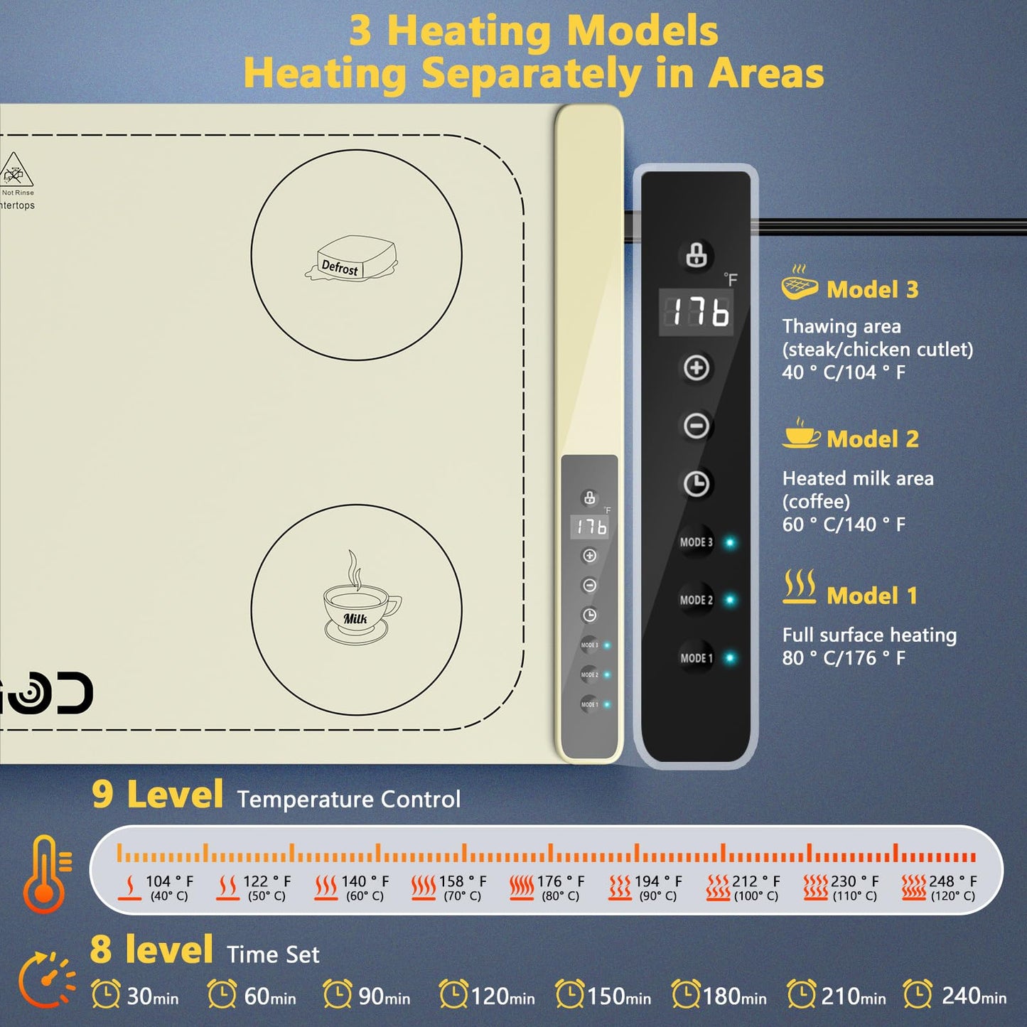 Food Warming Mat with 3-Zone Heating Mode, Redagod Electric Warming Tray with 9 Temperature & 8 Timer Settings, Hook and Roll Up Storage, Portable Countertop Food Heating Mat for Home Daily Use, Beige