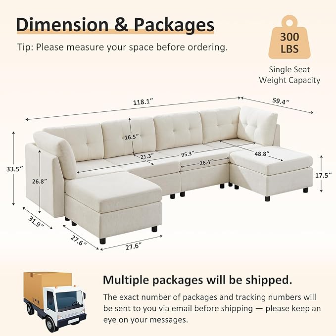 VANOMi 4 Seater Modular Sectional Sofa with 2 Ottomans, 118" Cloud Sofas & Couches, Comfy Chenille Sectional Couches for Living Room, Apartment, Office, White, U Shaped