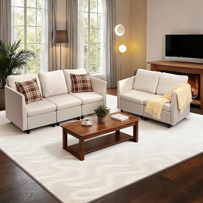 VEVOR Modular Sectional Sofa, Modern 5-Seater Modular Sofa with Hidden Storage, Customizable Cloud Sectional Couch, Solid Wood Frame Upholstered Comfy Couch for Living Room, Bedroom, Beige