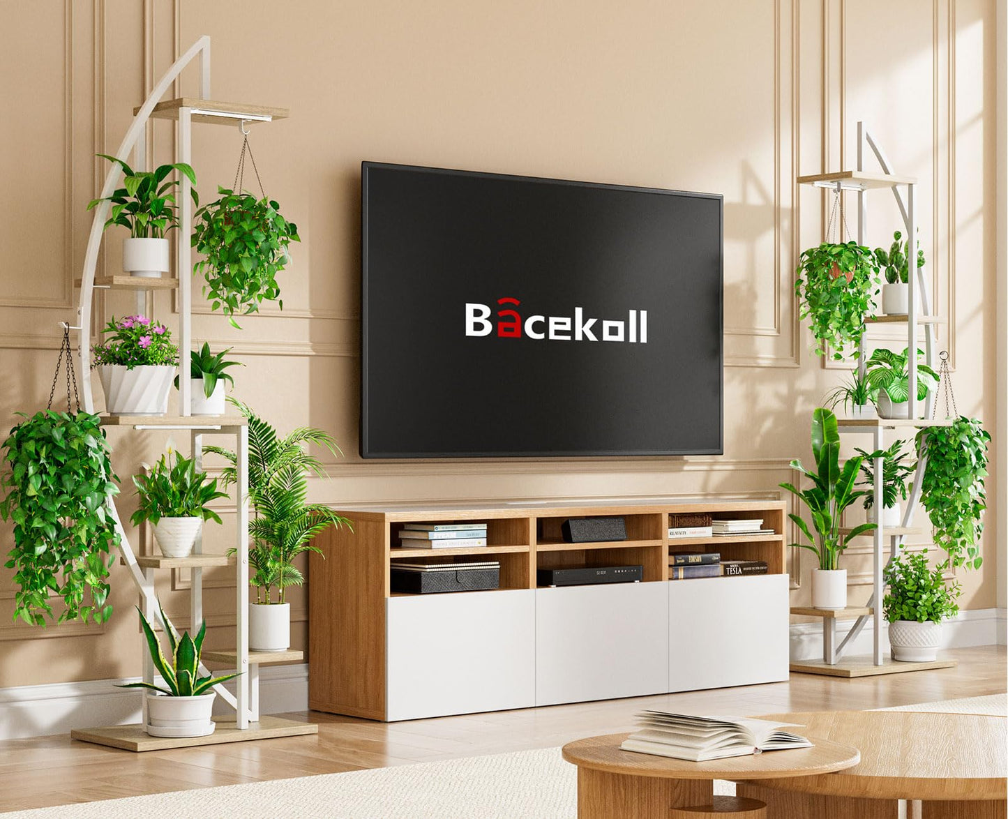 BACEKOLL 63" Metal Plant Stand Indoor With Grow Lights - 6 Tiered Tall Shelf for Multiple Plants, Half-Moon Rack Display, Holder for Living Room, Patio - White