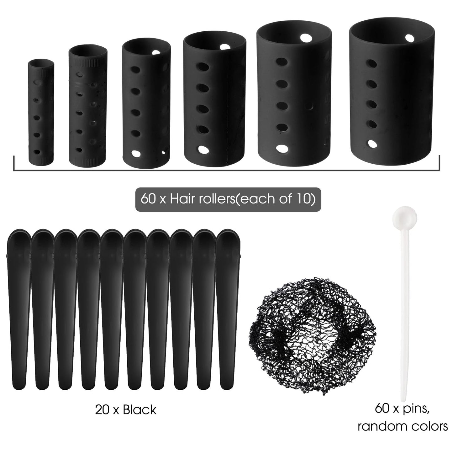 WILLBOND 141 Pieces Hair Rollers Set Include 60 Pcs Plastic Hair Rollers (black,6 Sizes)
