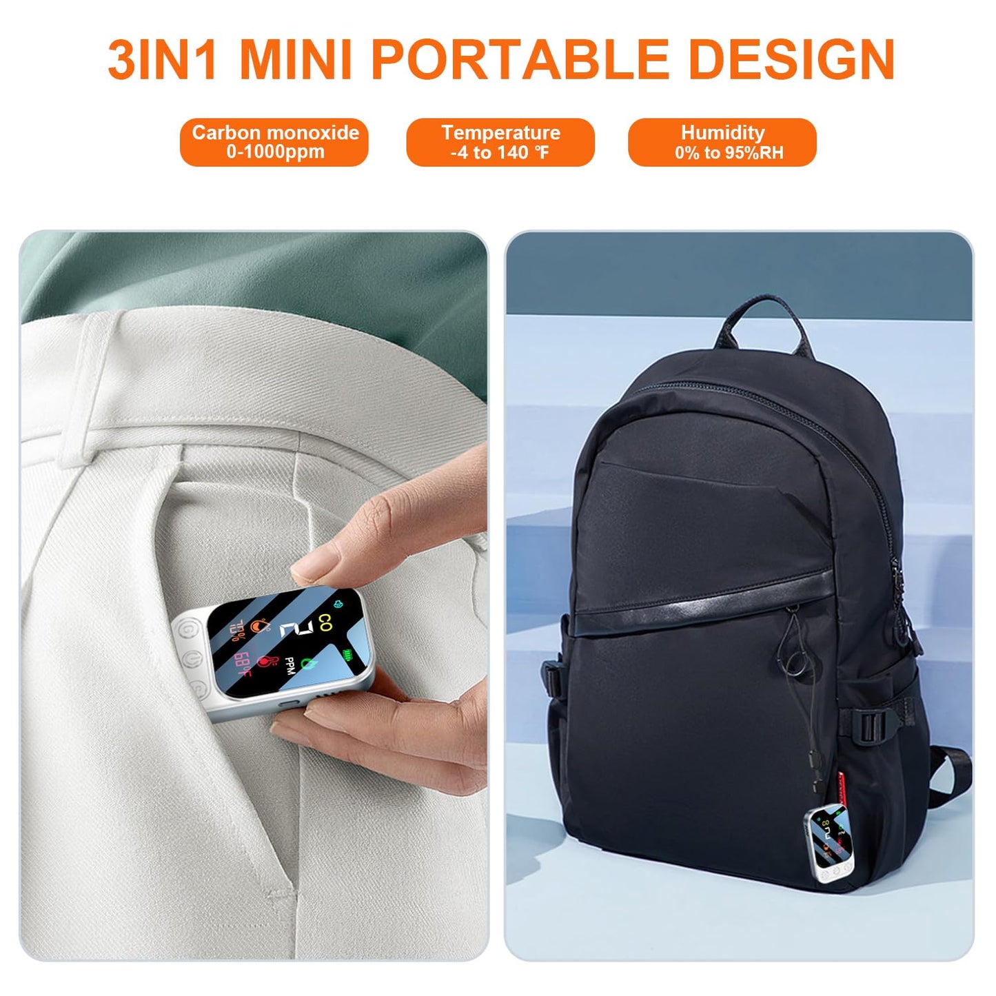 HAKINAKU Portable Carbon Monoxide Detectors [3-in-1] Mini Size CO Monitor with Kickstand & Lanyard Alarm [ CO Temperature Humidity Sensor ] for Outdoor Camping Travel RV Home Hotel (3IN1 Grey)