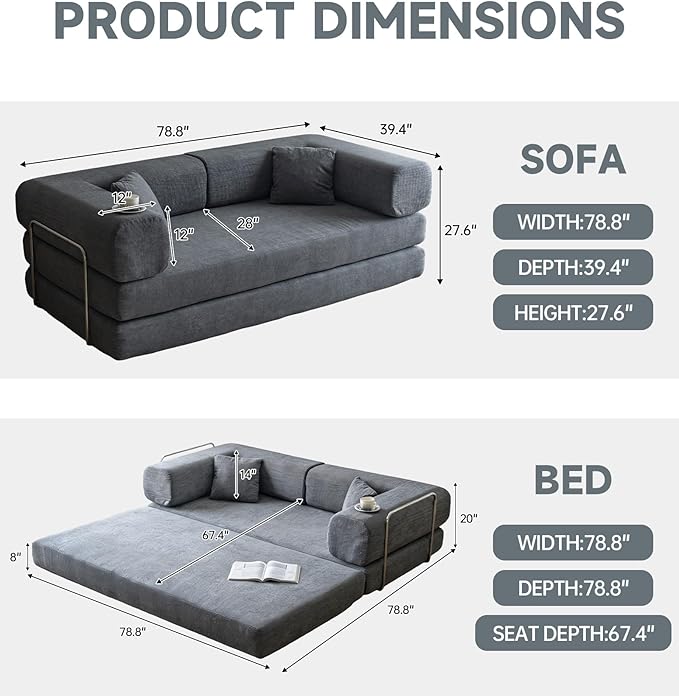No Assembly Convertible Sofa Bed & 79" Boneless Couch with Pocket , 5-in-1 Futon Sofa Bed with 2 Pillows Modular Pull Out Couch Bed with Frame,Compression in Box for Living Room Small Spaces Grey