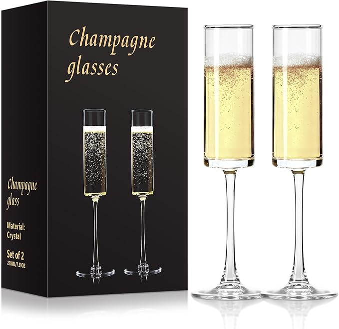 Ocean ice Glass Champagne Flutes Glass, Straight Champagne Glasses Set of 2, Stemmed Mimosa Glasses 7oz, Hand Blown Champa...