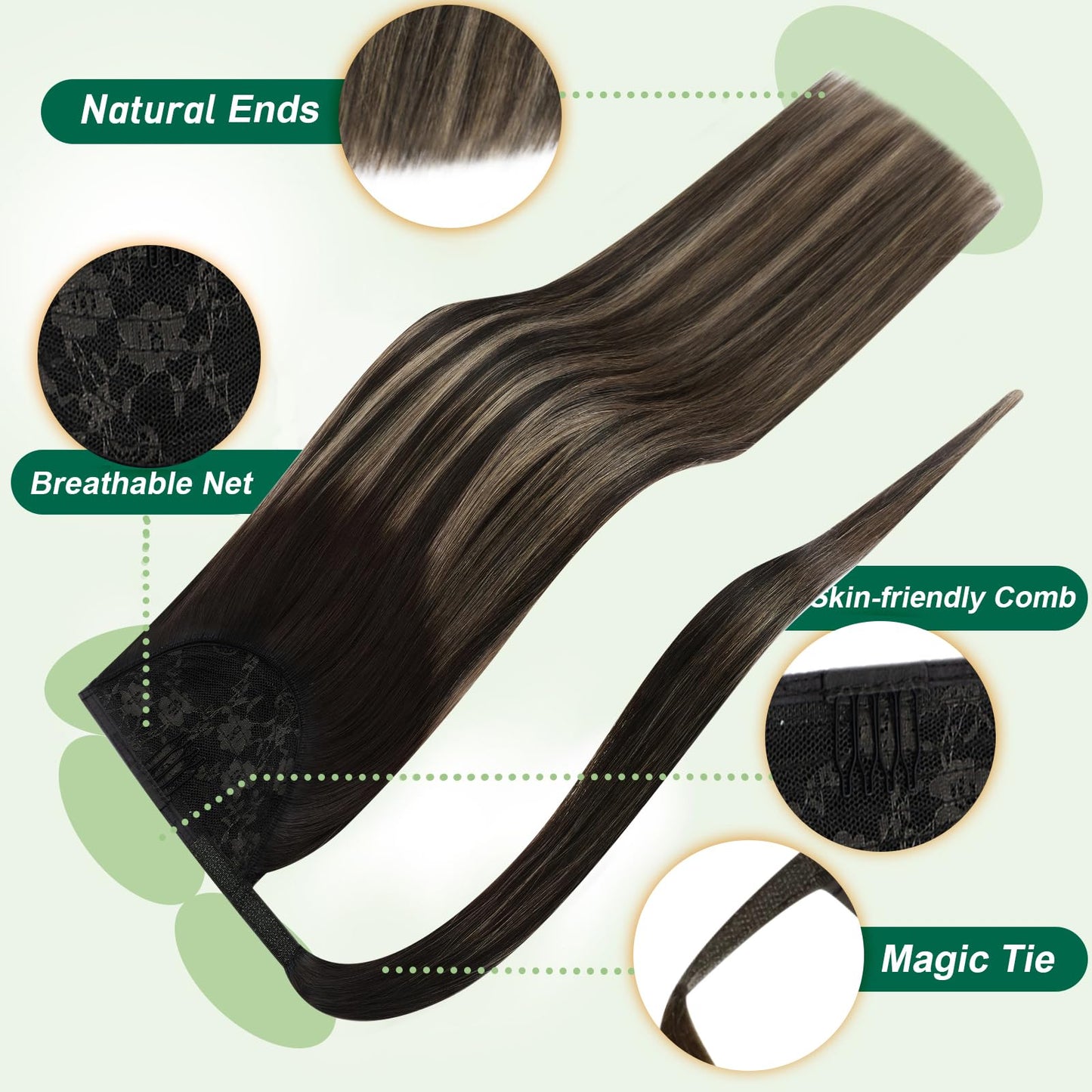 Easyouth Pony Tails Hair Extensions Human Hair Natural Ponytail Extension Human Hair Dark Brown Balayage Light Brown Hair Ponyta