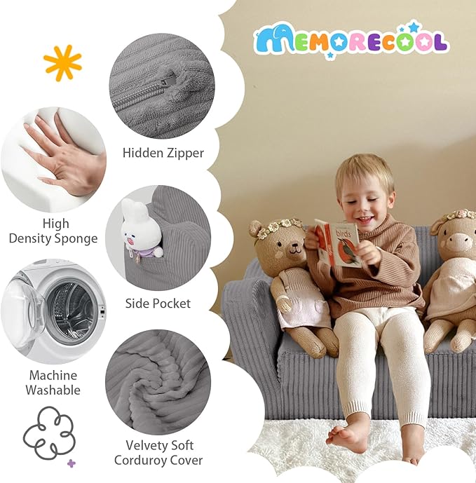 MeMoreCool Toddler Chair Comfy for 1-3 Years Old, Corduroy Kids Couch Bed Fold Out, 2-in-1 Foldable Baby Lounge Chair, Pull Out Children Sofa Bed, Light Grey