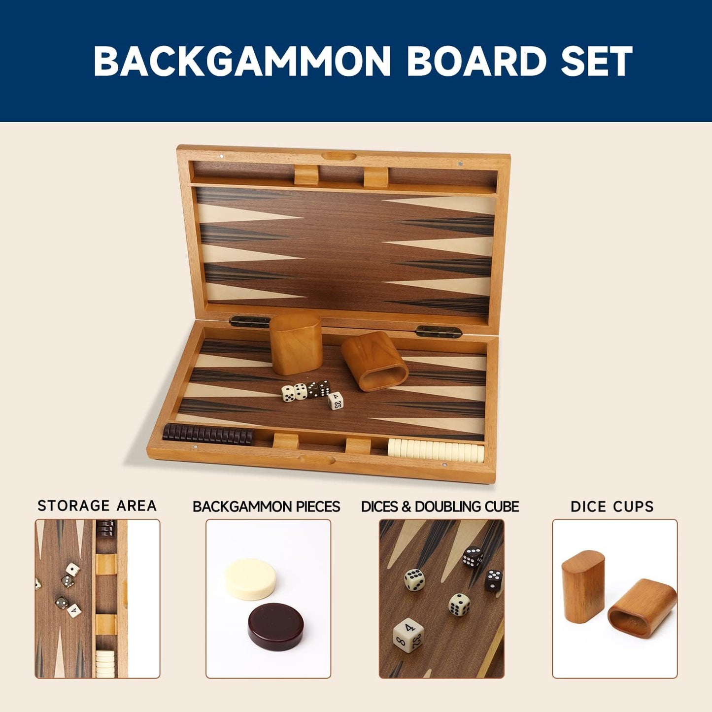 GSE Games & Sports Expert Premium Wooden Folding Inlay Backgammon Board Game Set, Classic Traditional Strategy Board Games (Focus- 17 Inches)