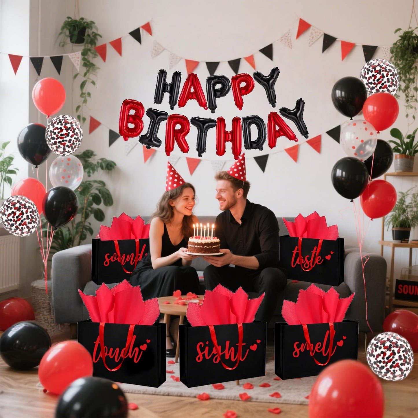5 Senses Gift Bags Five Senses Birthday Party Decorations with Tissue Paper, Rose Petals and Happy Birthday Banner Balloons Five Senses Gift for Him Husband Boyfriend (Red black)