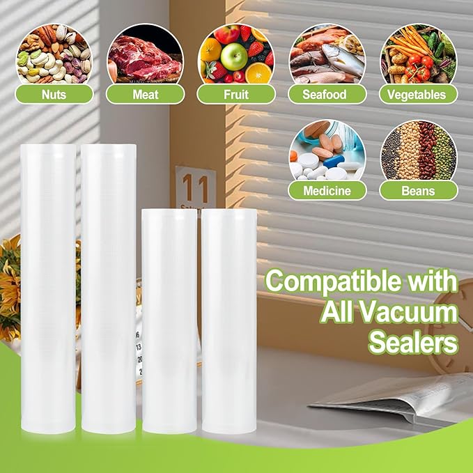 4 Rolls Vacuum Sealer Bags Compatible with Anova & FoodSaver Vacuum Sealer, 11" x 16.4' and 8.3" x 16.4' BPA-Free Heavy-Duty Rolls for Meal Prep, Sous Vide, Freezer Storage, and Food Preservation