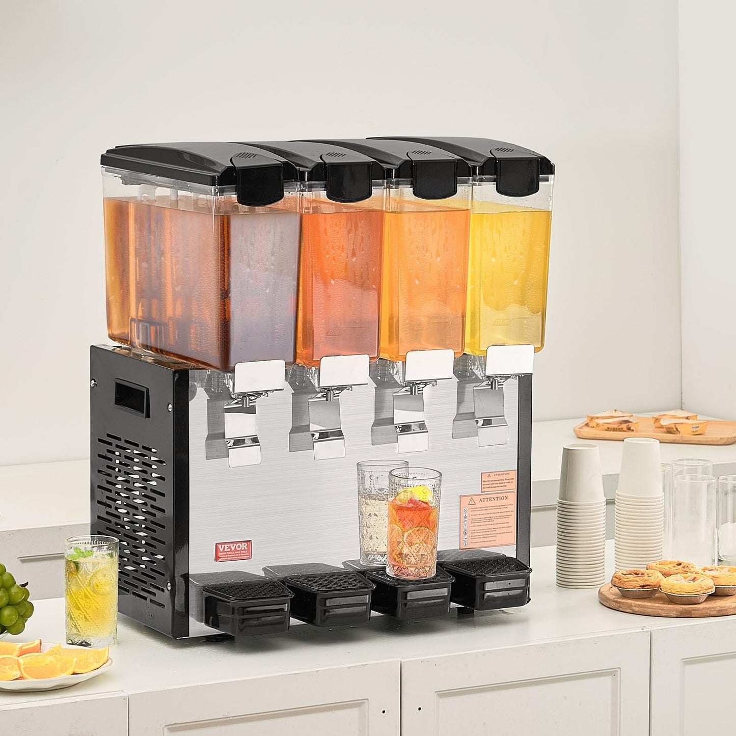 VEVOR Commercial Beverage Dispenser, 4 Tanks 10 L / 10.6 QT Per Tank Juice Dispenser, 430W Stainless Steel Ice Tea Drink Machine with 45°F-54°F Cooling Temperature, for Cold Drink Restaurant Bar Party