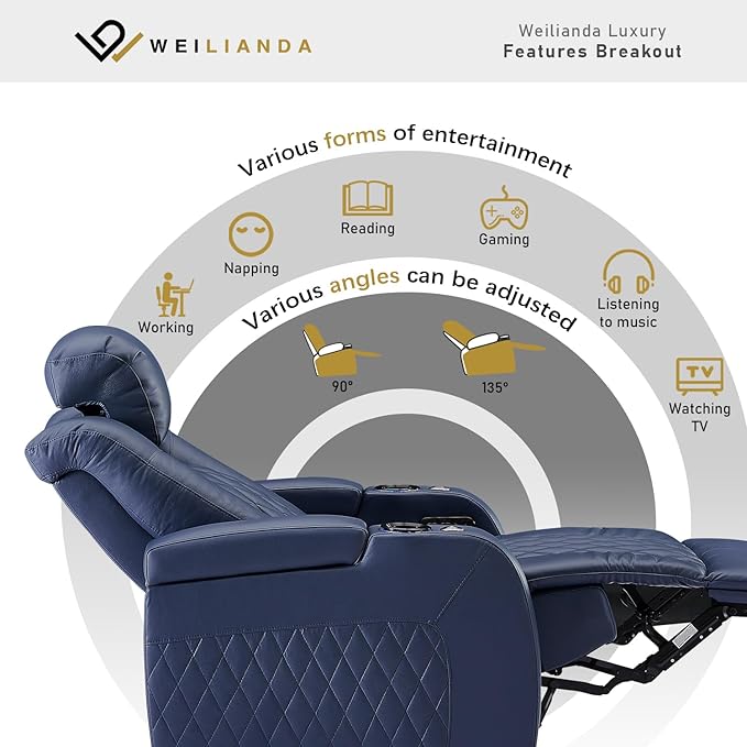 Weilianda Home Theater Seating Top Grain Leather Zero Gravity Recliner Chair Power Headrest Recline Movie Seat Gaming 7 Colors Mood Light Sofa with Tray Table USB Charge Row of 4 Loveseat Left Blue