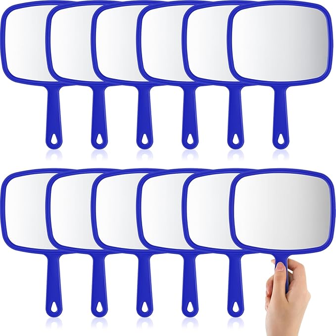 Geetery 12 Pcs Hand Held Mirrors with Handles Hand Makeup Mirrors Bulk Wall Mount for Women Cosmetic Bathroom Home Barber Salon Travel Portable Beauty School Gift, 6.69 x 9.45 Inch (Blue)