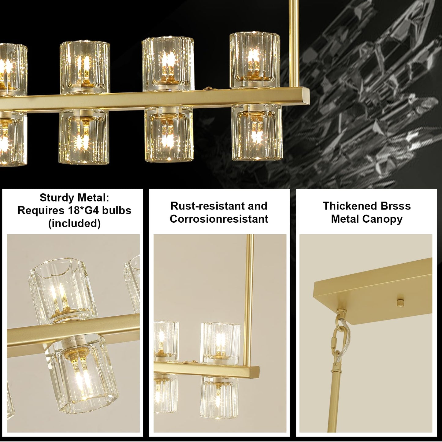 GRUSTRUST Gold Chandelier, 42" Kitchen Island Lighting Rectangle Linear Chandeliers, Dining Room Light Fixture Over Table, Brass Chandelier with Crystal Modern Pendant Light, Bulbs18xG4 Included