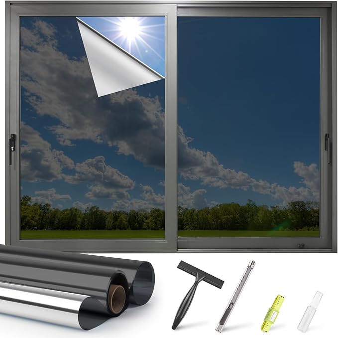 Kromapolis One Way Window Privacy Film Reflective Mirror Home Window Tint, Daytime Privacy Heat Control Anti UV Glass Tinting Static Cling (Black-Silver, 35.4 x 157.4 inch)
