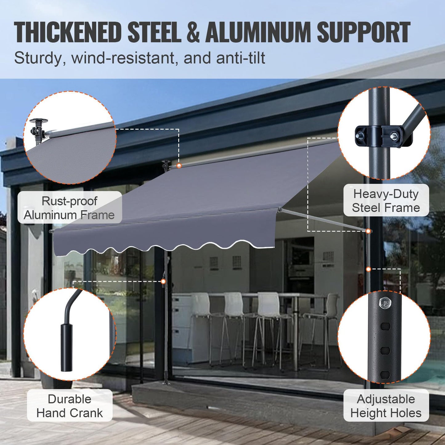 VEVOR Manual Retractable Awning, 78" Outdoor Retractable Patio Awning Sunshade Shelter, Adjustable Patio Door Window Awning Canopy with 39" Sun Shade Curtain for Backyard, Garden, Balcony, Dark Gray