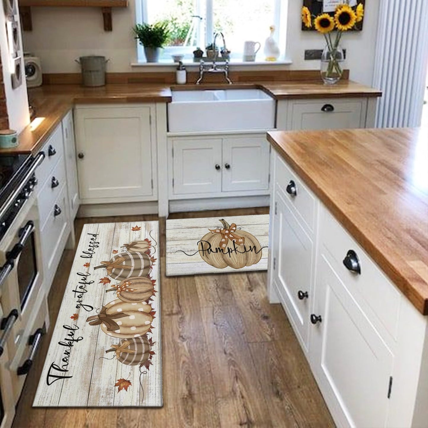 Fall Kitchen Rugs Fall Entrance Door Mat Pumpkin Non Slip Kitchen Rug Anti Fatigue Mats for Kitchen Floor Waterproof Washable Rug Runner for Kitchen Laundry17x30+17x47inch