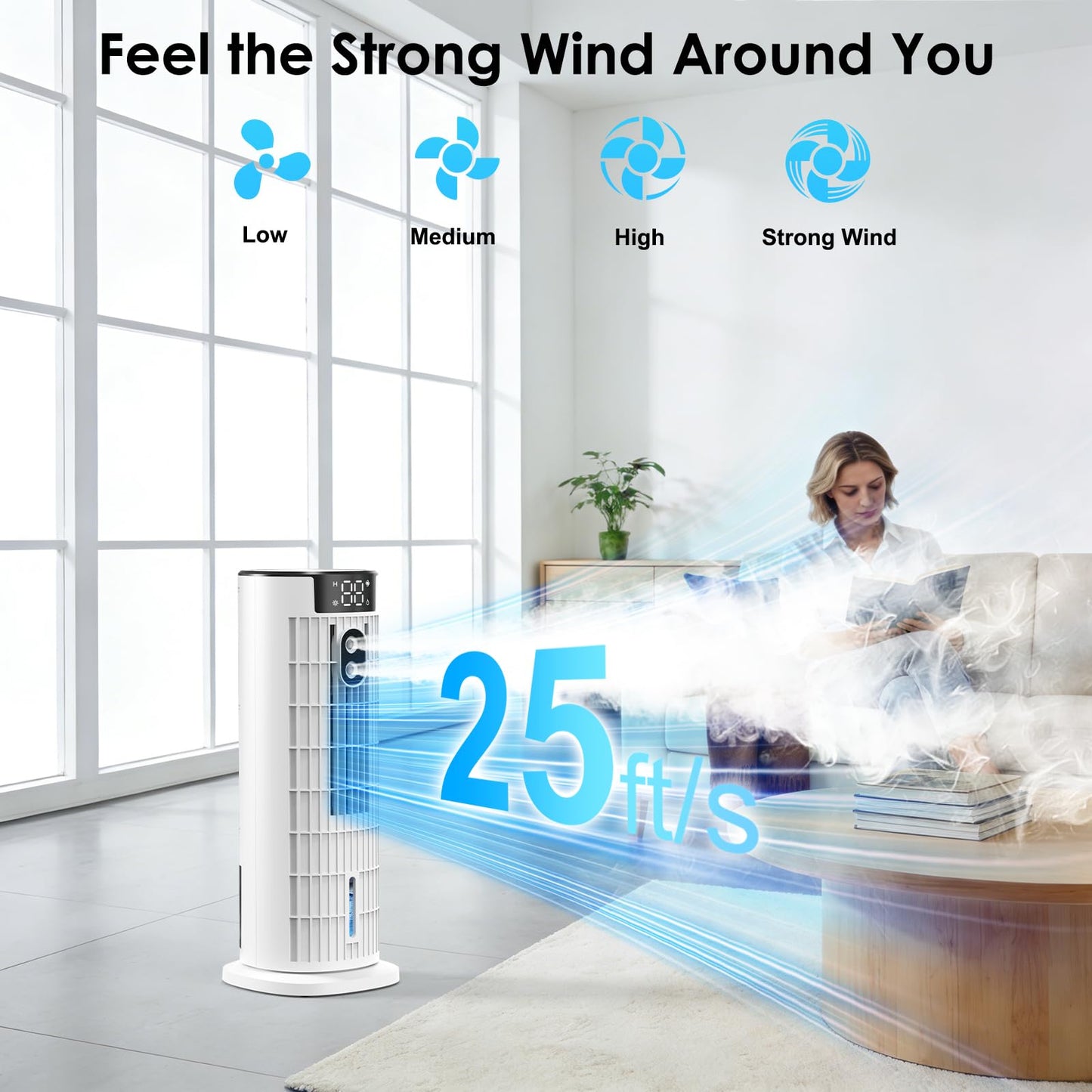 Portable Air Conditioners,2026 Upgraded DC Motor, 25ft/s High Velocity,1000ML Tower Fan with Remote,3 Wind Speeds&Turbo Mode,2 Mist,10H Timer,90° Oscillating Cooling fan for Home,Office(White)