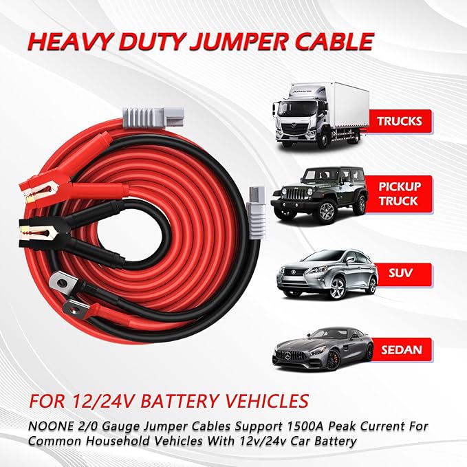 NOONE Booster Jumper Cables Heavy Duty 2/0 Gauge 30 FT 1500 AMP with Quick Connect Plugs for Truck SUV Car with up to 8-Liter Gasoline