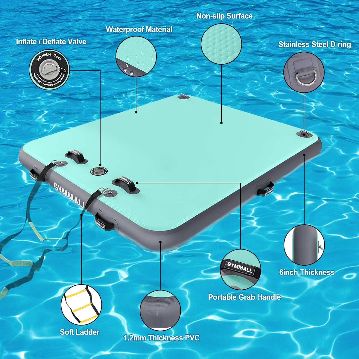GYMMALL Inflatable Floating Dock Platform, 8ft*6ft Air Dock Platform Floating Island Raft with None-Slip Surface, 6in Thick Water Floating Dock Mat for Swimming Pool Lake Beach Ocean - Gray Green