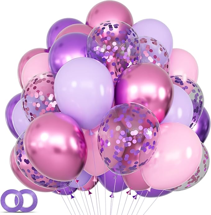 68Pcs Pink and Purple Balloons 12 Inch Metallic Purple Pink Latex Balloon Confetti ballons with Ribbons Party Balloons for...