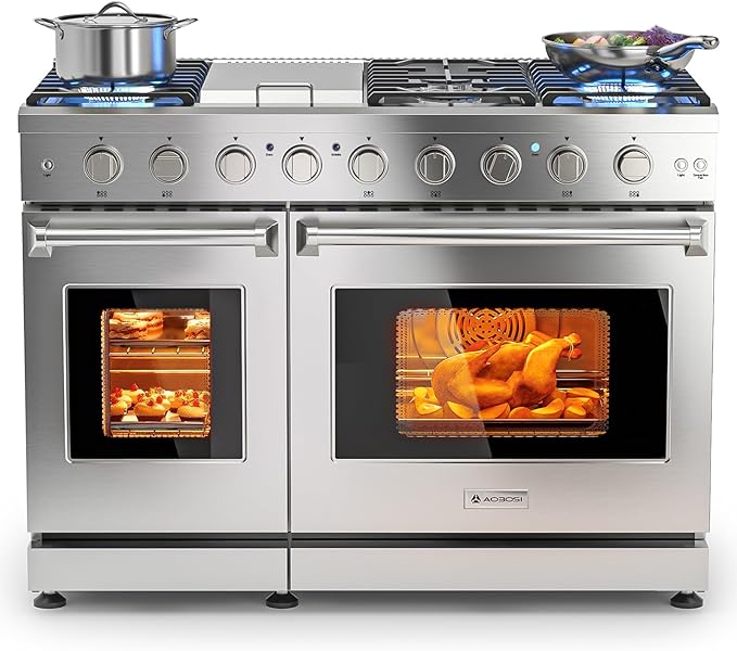 AAOBOSI 48 Inch Freestanding Gas Range Ovens with 7.0 cu.ft Large Capacity Double Convection Ovens, 6 Sealed Burners Plus ...
