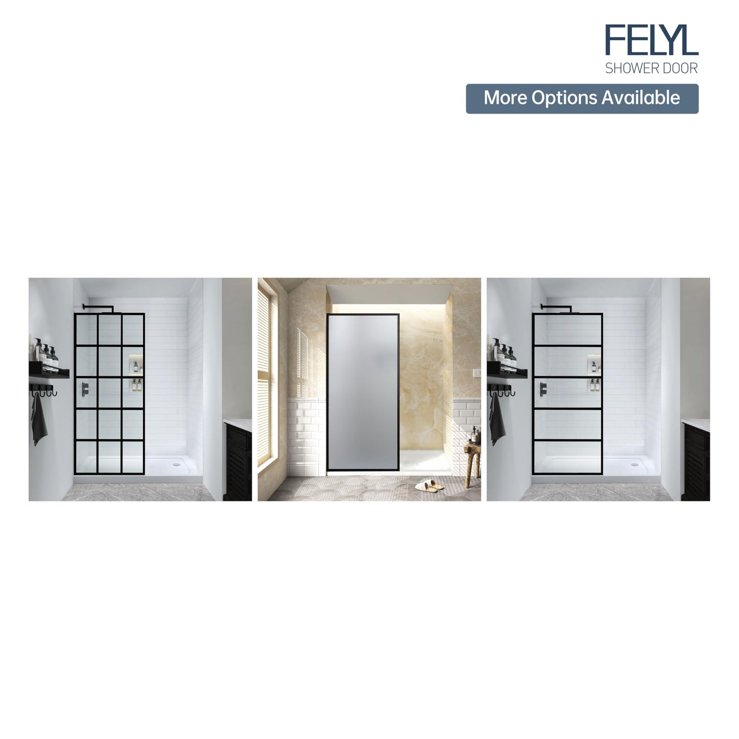 FELYL Frosted Shower Glass Panel 32" W x 74" H, Matte Black, Framed Fixed Glass Panel, 5/16" (8mm) SGCC Tempered Glass, Reversible Installation