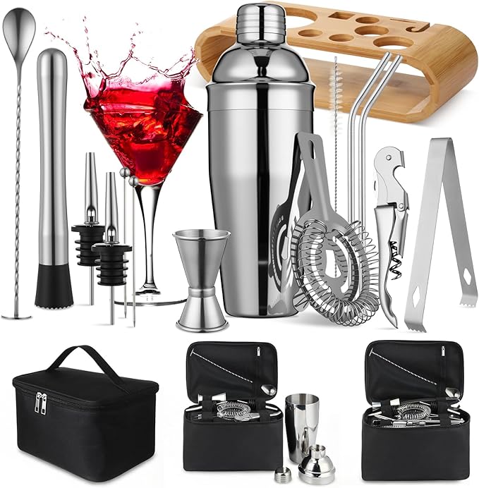 Widecook Bartender Kit Bag with Stand Portable Cocktail Shaker Set, 17 Pcs 25oz Stainless Steel Barware Kit with Jigger, S...