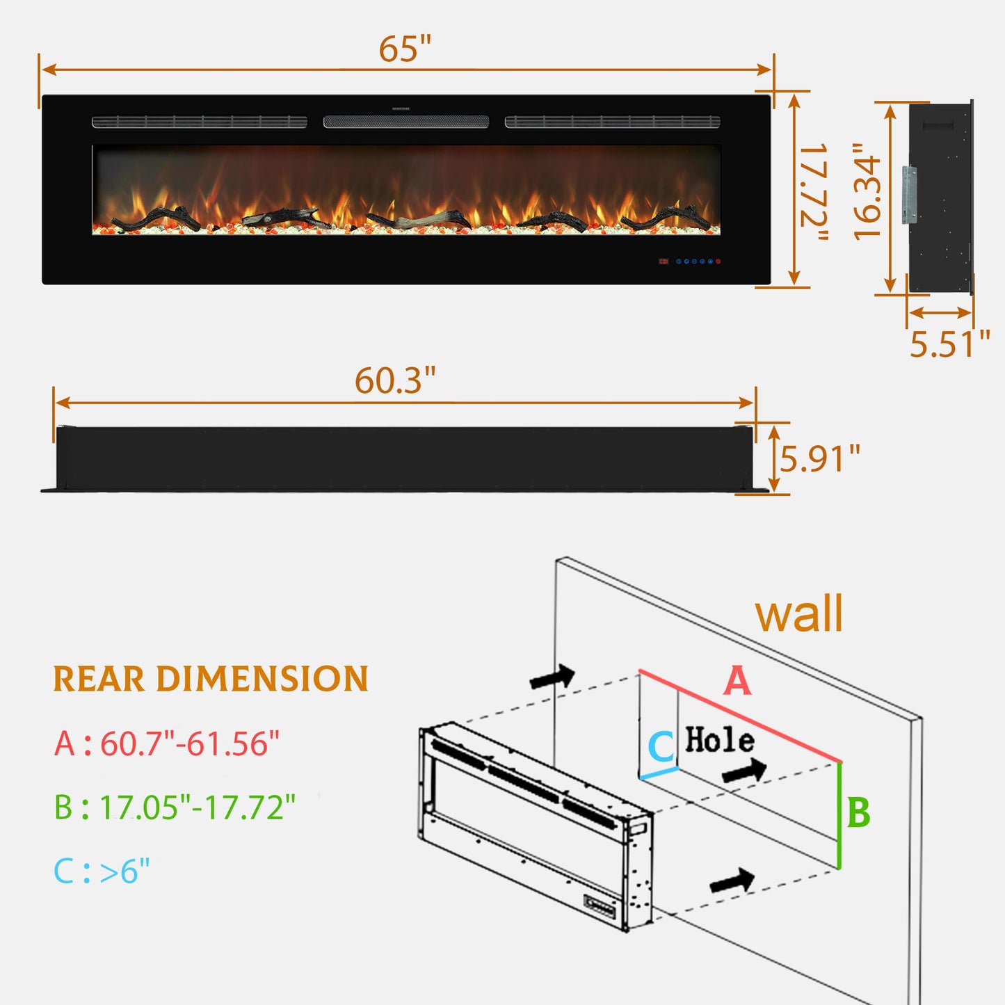 Kentsky 65 inches Electric Fireplace Inserts, Recessed and Wall Mounted Fireplace Heater, Linear Fireplace w/Thermostat, Remote & Touch Screen, Multicolor Flame, Timer, Log & Crystal, 750W/1500W