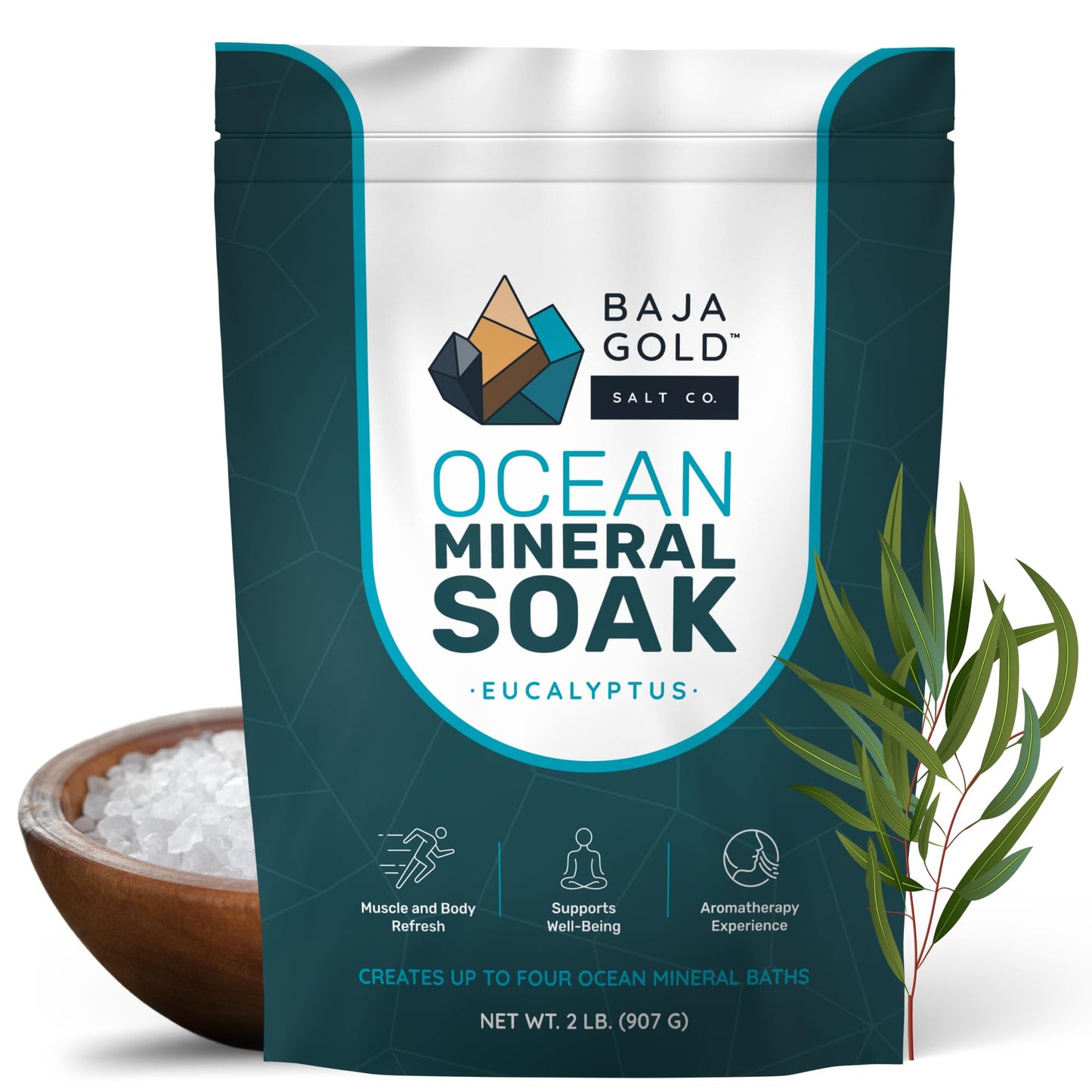 Baja Gold Ocean Mineral Soak – Natural Magnesium Bath Soak & Trace Elements | Relaxing, Clean Ingredient Soak for Bath, Muscles, Relaxation & Skin Care | Pure, Vegan, 2 Lb Resealable Bag, Eucalyptus
