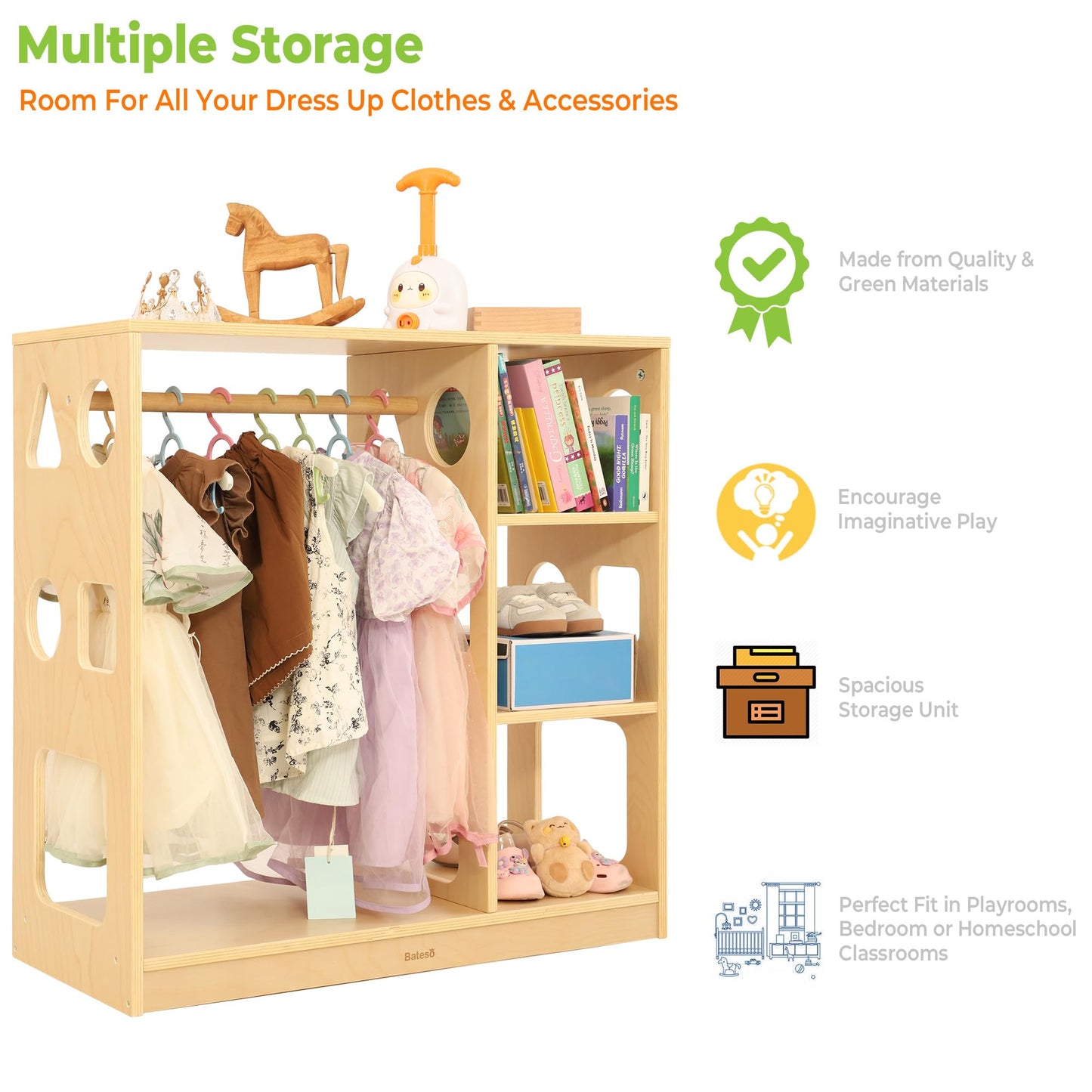 Bateso Kids Dress Up Storage for 1-3 Years Old Boys and Girls, Wooden Kids Wardrobe with Open Hanging Costume Area and Stroage Shelves, Baby Closet Organizer Center for Bedroom, Playroom