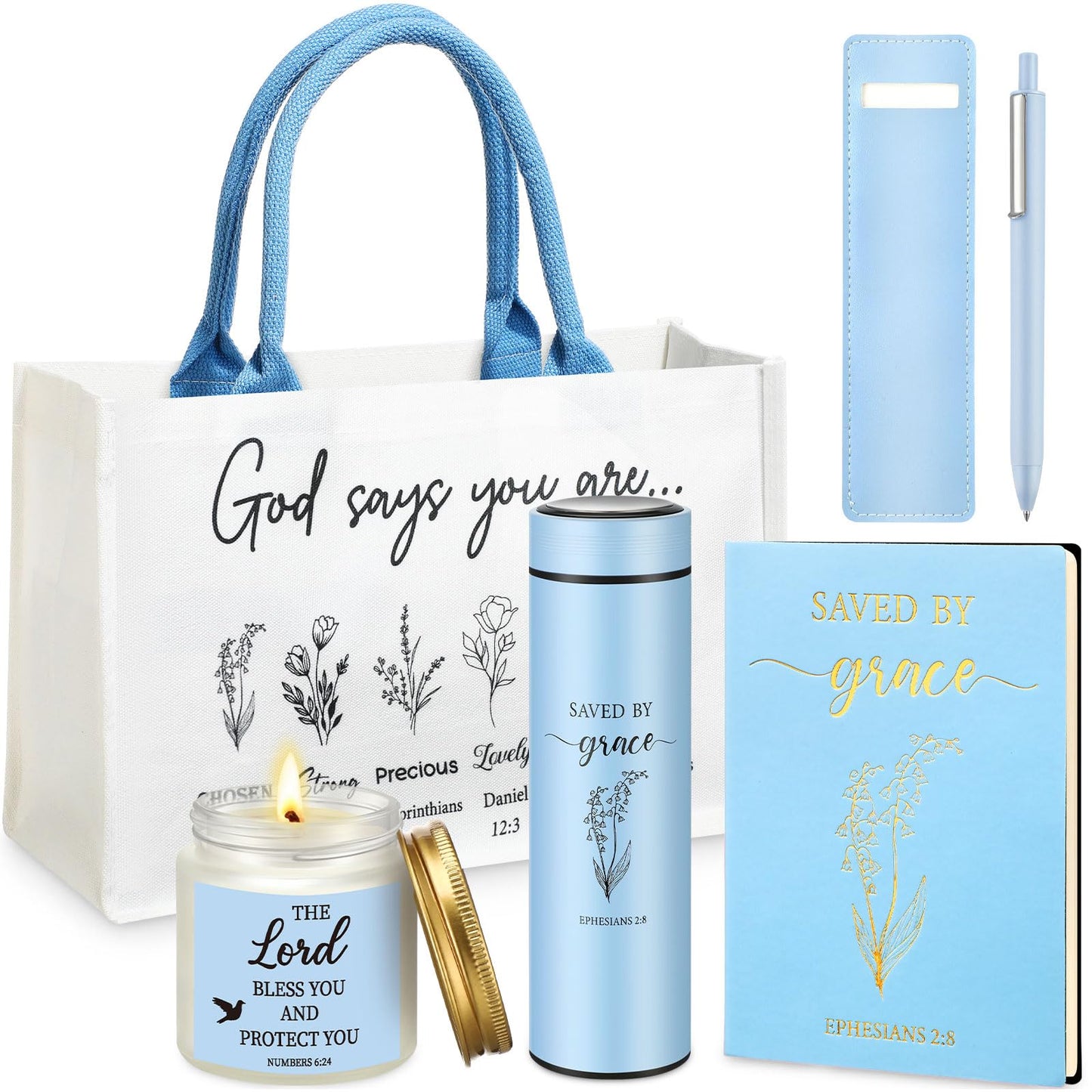 Thenshop 6 Pcs Christian Gift Set for Women Faith, Inspirational Religious Gifts for Women, Catholic Christmas Birthday Gifts for Friends, Mother, Sister, Wife(Blue)