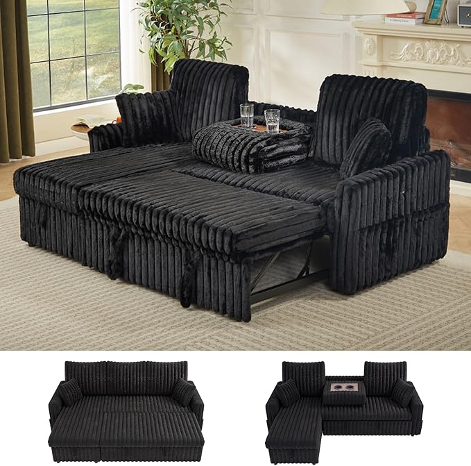 Sleeper Sofa Bed, 81” Pull Out Couch Bed with Reversible Storage Chaise, 3 in 1 L-Shaped Couch with Charging Station, Cup Holder, Side Pocket, Plush Corduroy Couches for Living Room(Black)