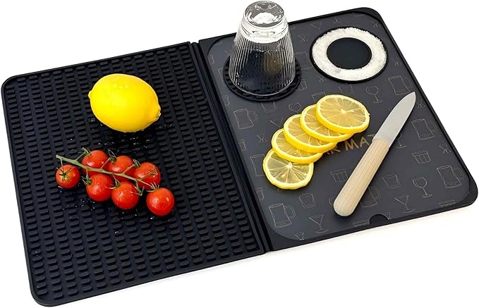Bar Mat, Bar Accessories, Multifunctional Folding Cocktail Mat with Cutting Board, 18" X 12"(Black) Drying Mats,Bar Mat fo...