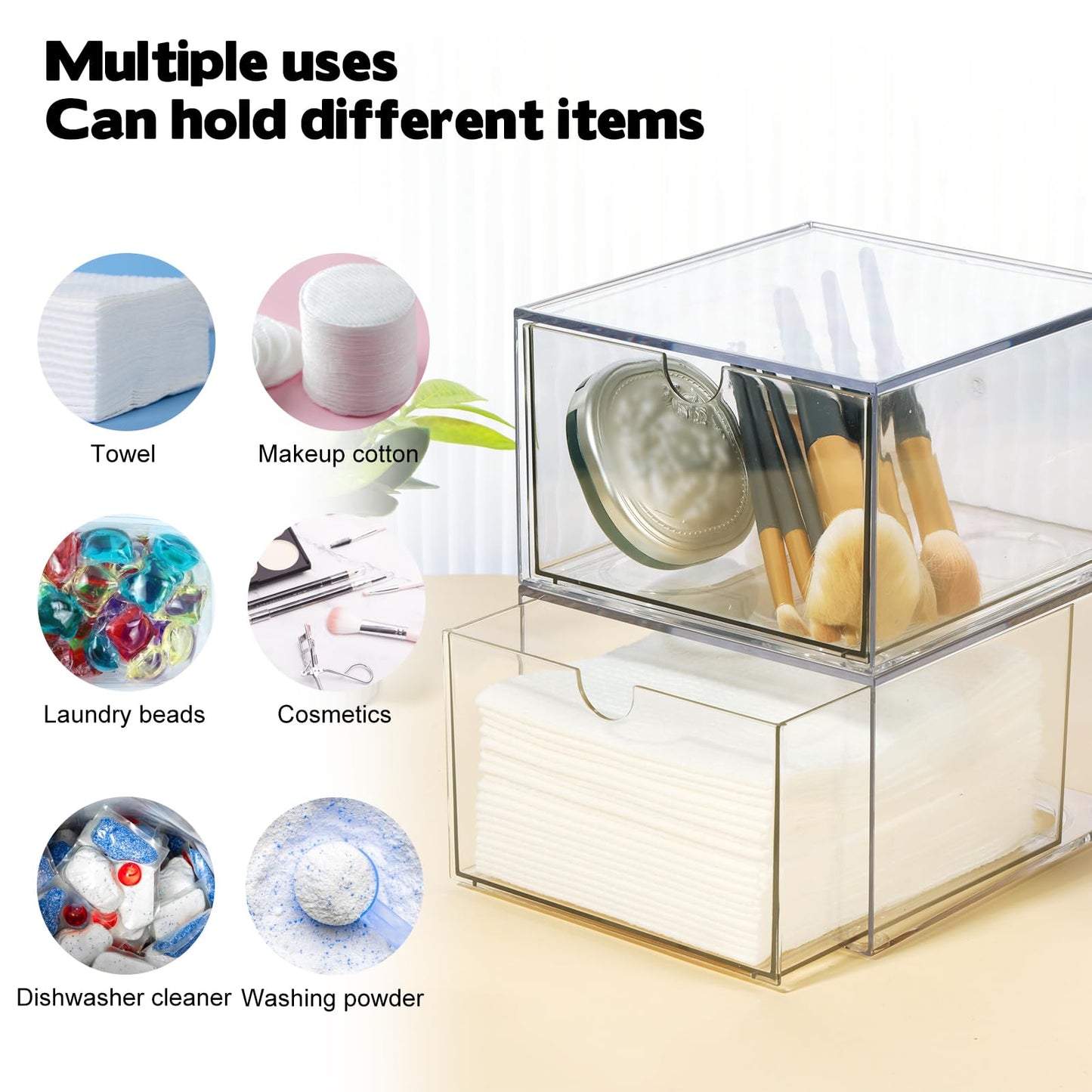 Rainmae 2 Pack Disposable Face Towel Holder, Face Towel Storage Box, Stackable Clear Makeup Organizer with Drawer for Clean Skin