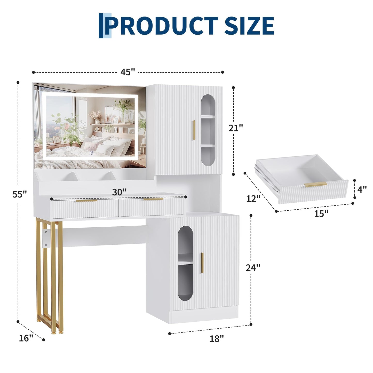 IDEALHOUSE Fluted Vanity Desk with Mirror and Lights, 45" Makeup Vanity with Large Cabinets, Drawers, Dressing Table with 3 Color Lighting Modes, Built-in Charging Station for Bedroom, White