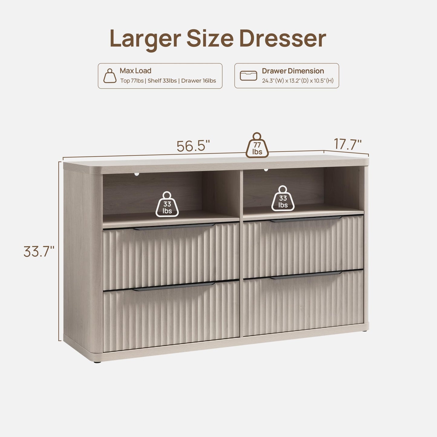 SICOTAS Dresser for Bedroom - Dressers & Chests of Drawers with 4 Drawers Large Modern Dresser for Closet with Open Shelf Fluted Wide TV Stand Clothes Closet Storage for Bedroom Hallway Entryway