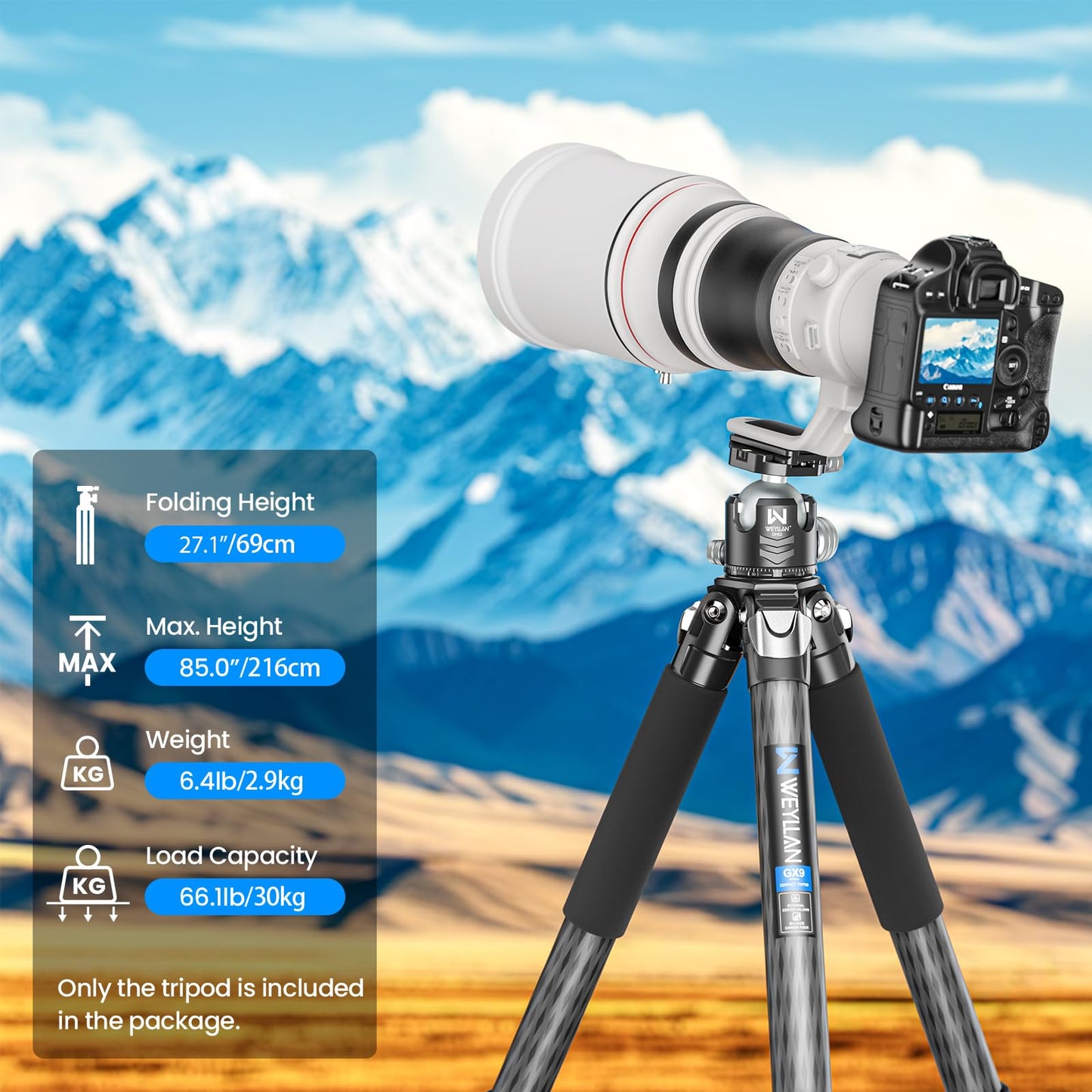 85'' Tripod Carbon Fiber, Heavy Duty Tripod for Camera, Professional Camera Tripods Monopod with 52mm Ballhead, External Center Column Compact, WEYLLAN GX9 Max Tube 40mm for Dslr Camera Telephoto Lens